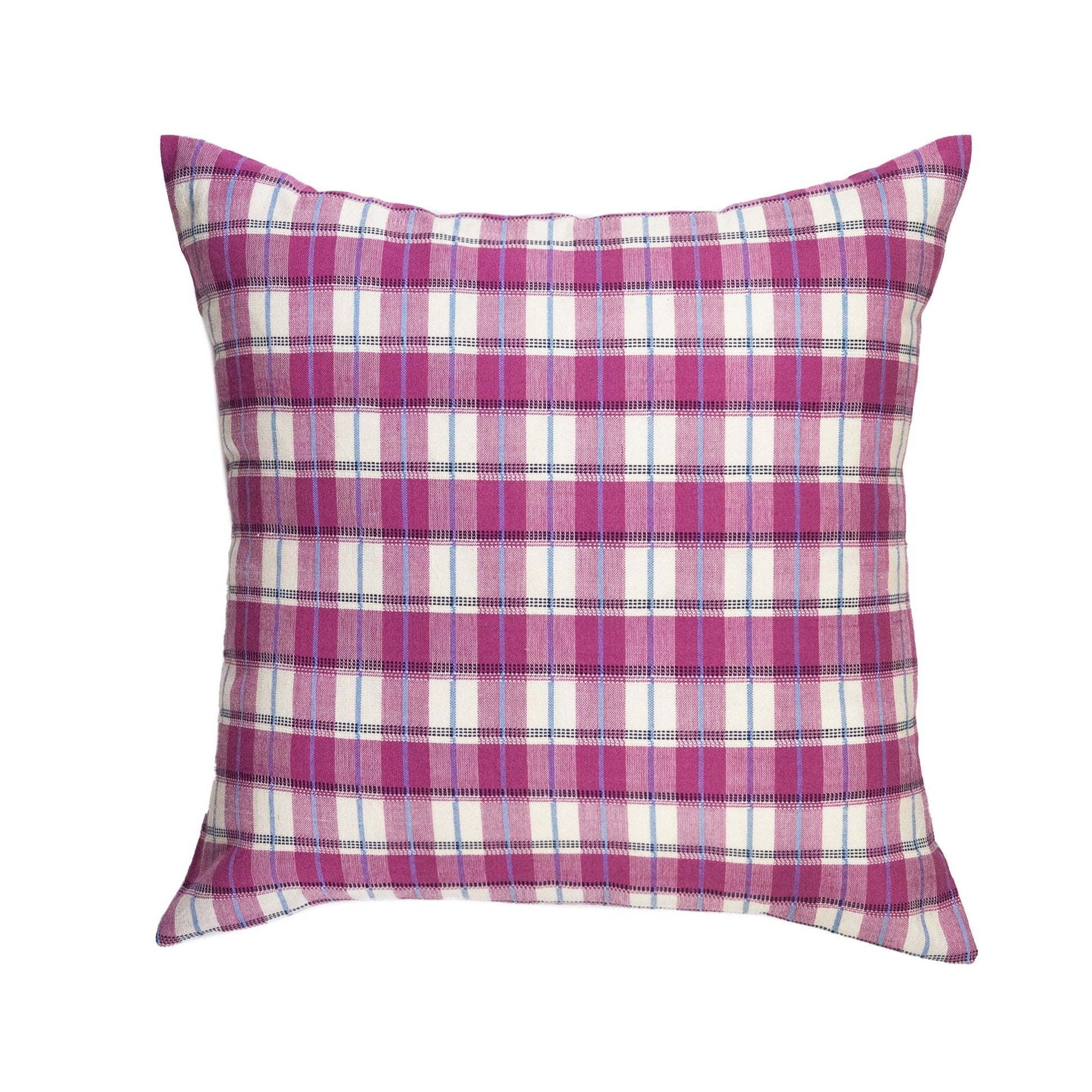 Pink plaid woven throw pillow with white and blue striped pattern and textured fabric finish