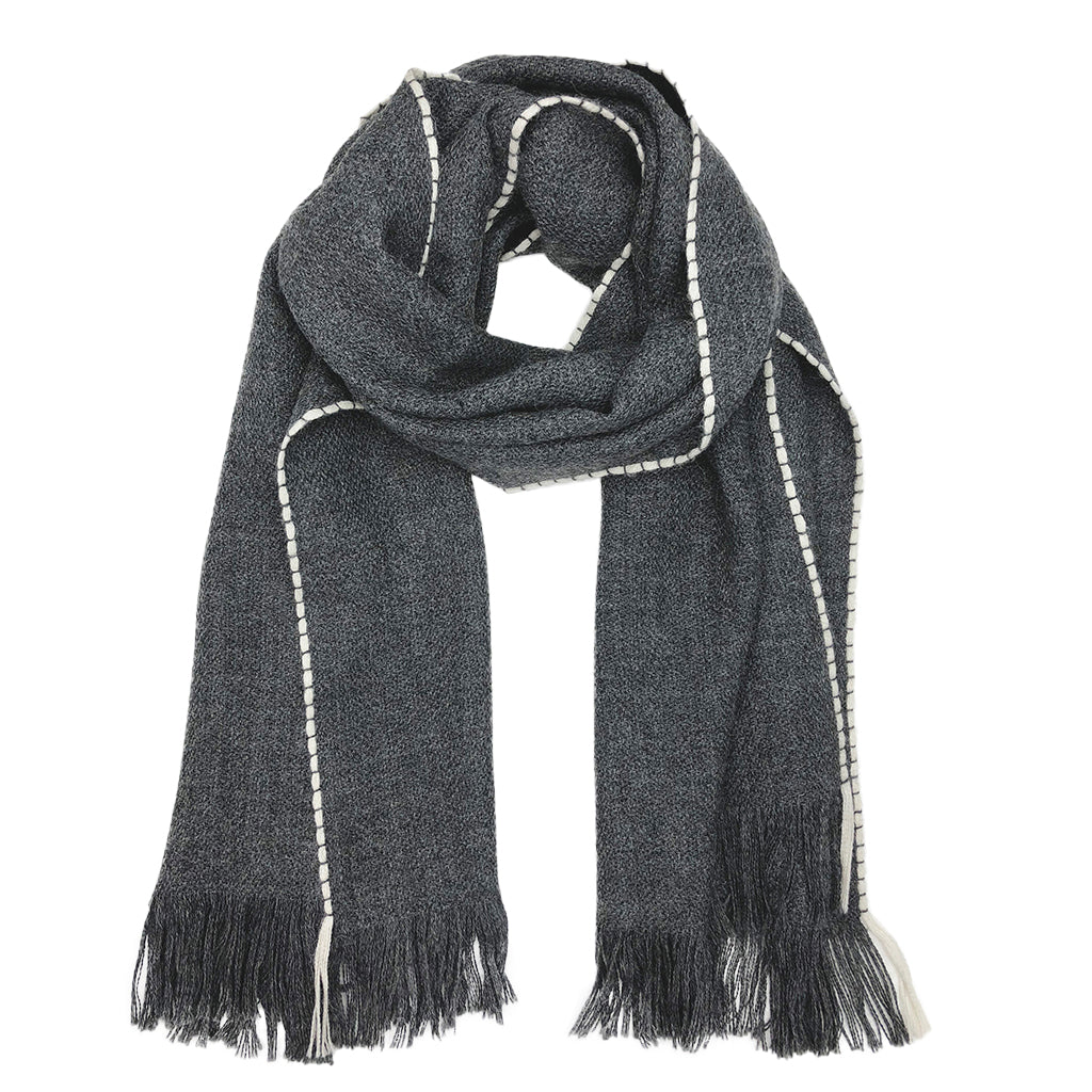 Charcoal baby alpaca scarf with cream contrast stitching and fringed edges, warm knit wrap accessory