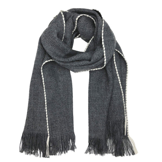 Charcoal baby alpaca scarf with cream contrast stitching and fringed edges, warm knit wrap accessory
