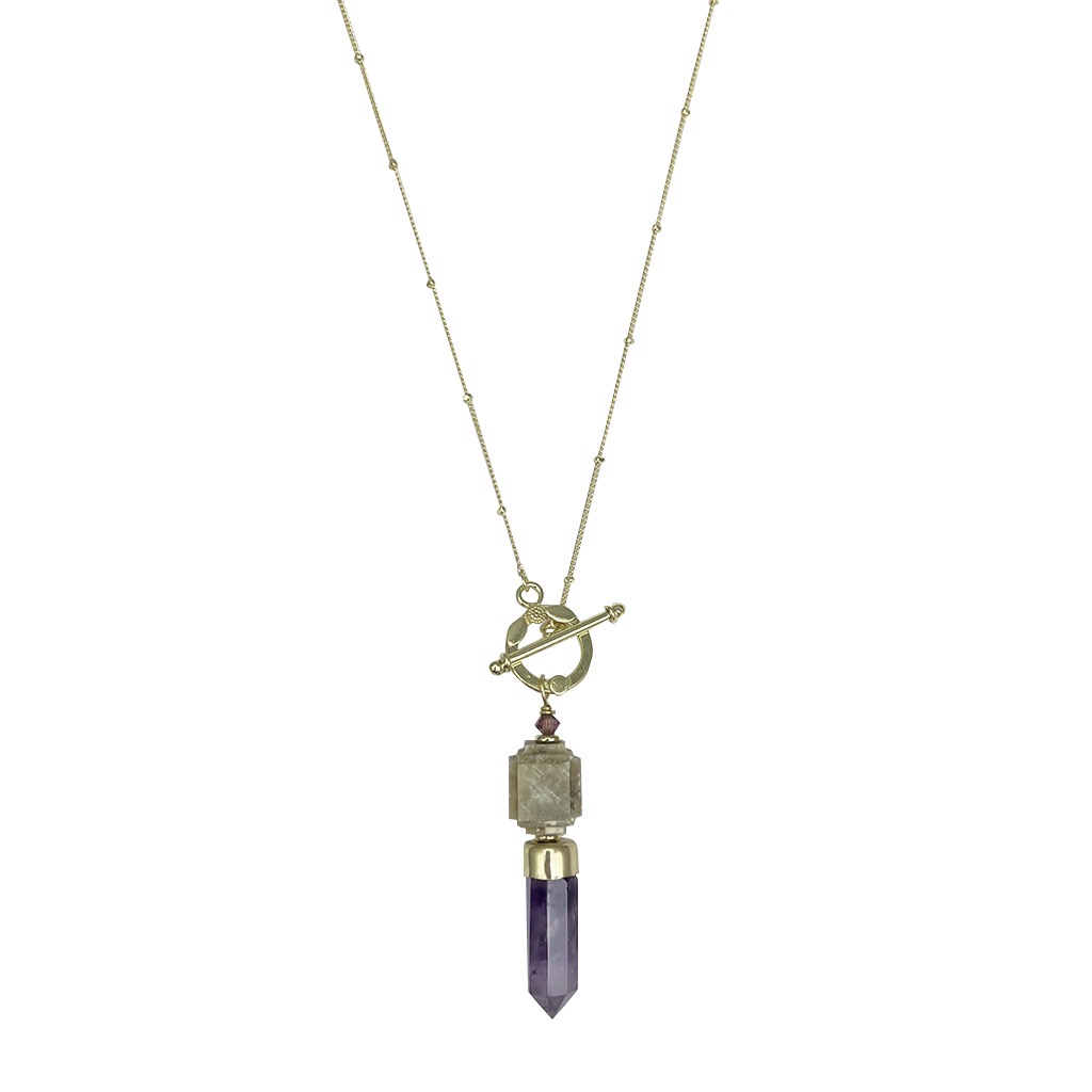Amethyst lariat necklace with labradorite stone, toggle clasp, and brass chain in purple and sage green