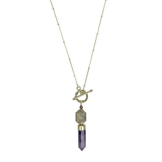 Amethyst lariat necklace with labradorite stone, toggle clasp, and brass chain in purple and sage green