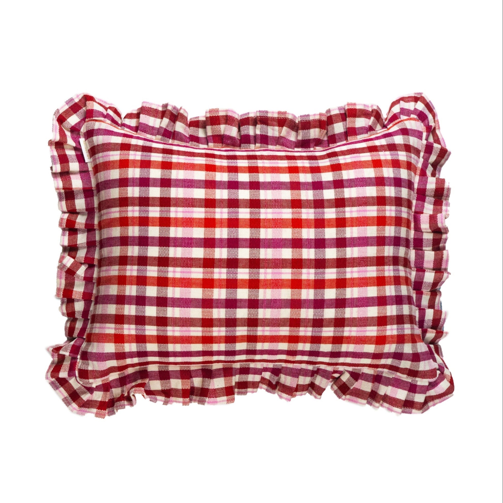 Red and cream gingham pillow with ruffled edges and striped detail, woven cotton home accent