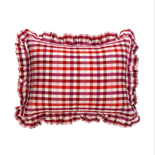 Red and cream gingham pillow with ruffled edges and striped detail, woven cotton home accent