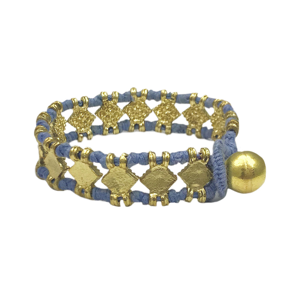 Blue fabric bracelet with gold diamond charms and bell accent, boho jewelry style