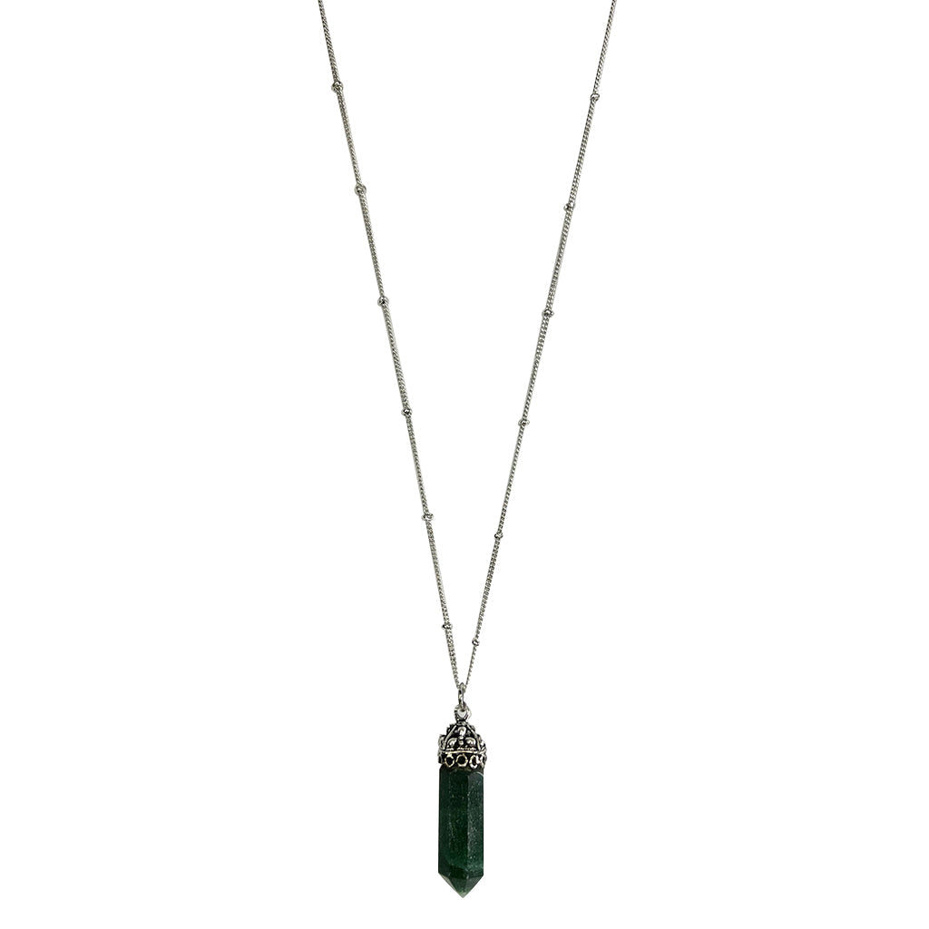 Green aventurine crystal point pendant necklace with silver-tone chain and ornate cap detail