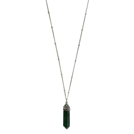 Green aventurine crystal point pendant necklace with silver-tone chain and ornate cap detail