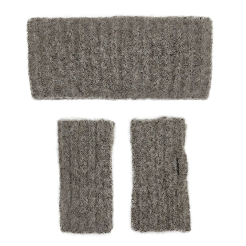 Gray ribbed alpaca knit gloves and headband set with cable texture pattern for winter warmth