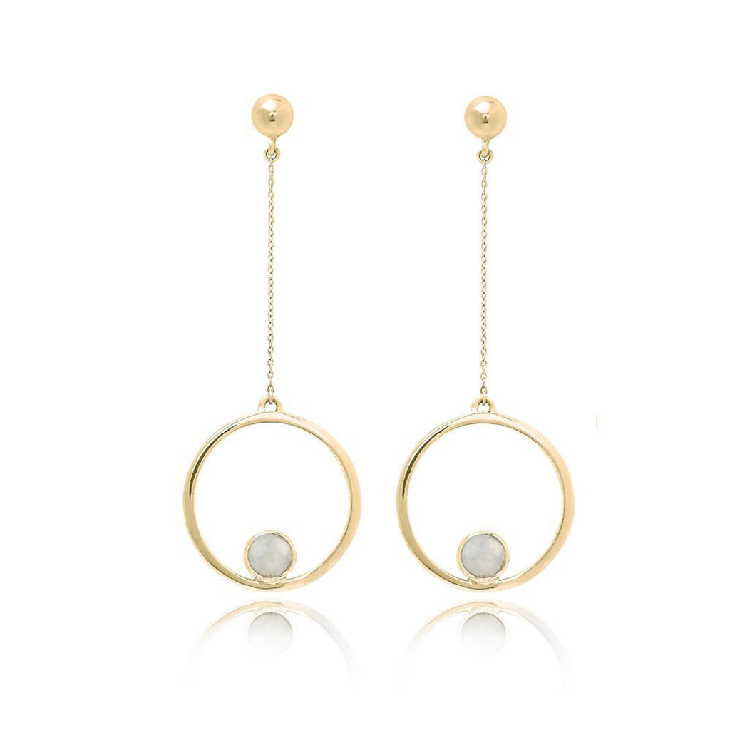 Gold drop earrings with moonstone gemstone accents and delicate chain design
