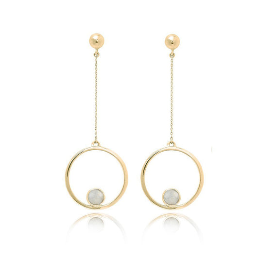 Gold drop earrings with moonstone gemstone accents and delicate chain design