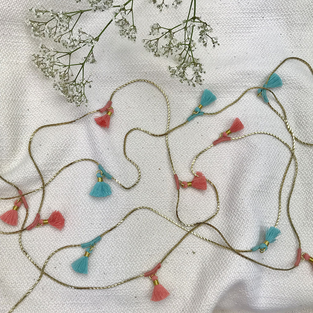 Colorful tassel necklace with coral and turquoise silk tassels on natural twine cord, bohemian jewelry style